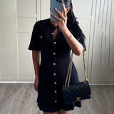 Purpdrank  White Elegant Knitted Mini Dress For Women Metal Button Sexy Slim Rib Sweater Dress Holiday Party Outfits Autumn New