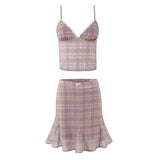 Purpdrank  Sexy Plaid Print Chiffon Lacing up Backless Camisole Tank Top + Zipper Low Waist Knee Length Mermaid Skirt 2 Pieces 1 Set