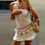 Purpdrank  Fashion Hight Waist Bikini Cover Up Dress Sexy Strapless Hollow Knitted Dress Women Elegant Sleeveless Backless Solid Mini Dress