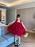 Purpdrank  Sweet Layered Red Fluffy Dress Women's 2025 Summer Girlish Dress with Suspenders