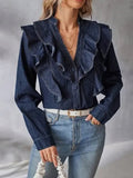 Purpdrank  Fashion Ruffled Denim Shirt Jacket For Women Y2K V-neck Long Sleeve Single Breasted Jeans Blouse Female Chic Street Outerwear