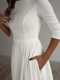 Purpdrank  Elegant Long Sleeve round Neck White Wedding Dress 2025 New Outdoor Travel Photography A- Line Skirt Knitted Fabric Polyester