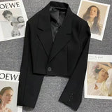 Purpdrank  Black Cropped Blazers Women Fashion All-Match Notched Collar Crop Jacket Women Korean Chic Single Button Casual Suit Coat New
