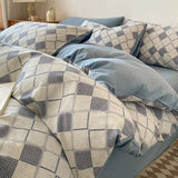 Purpdrank  4Pcs Grid Printed Fitted Sheet Bedclothes Cotton Double-Sided Mix Color Soft Quilt Cover Single Double Comfort Set for Adults