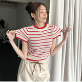 Purpdrank  Vintage Striped Women's Knitted T-shirts 2025 New Summer Casual Loose O-neck Hollow Out Knitwear Short Shirts Top Female
