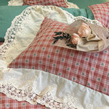 Purpdrank  Vintage Plaid Pure Cotton double-layer yarn four-piece set French lace Bedding Set Duvet Cover Pillowcases Flat/Fitted Bed Sheet