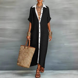 Purpdrank  Women's Spring Contrast Collar Shirt Dresses Casual Buttons Short Sleeve Loose Maxi Dress Summer Beach Vacation Long Dress Mujer