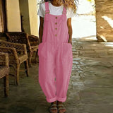 Purpdrank  Hollow Off Shoulder Solid Summer Romper Sleeveless Button Pocket Wide-leg Playsuit Cotton Linen Suspender Casual Women Jumpsuits