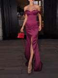 Purpdrank  Women Elegant Hight Waist Satin Long Dress Fashion Split Draped Solid Evening Party Dress Sexy One Shoulder Banquet Gowns Dress