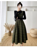 Purpdrank - High Quality Fall Winter Women Sweater Overalls Dress Sets Casual Knitted Tops +Plaid Woolen Dress 2 Piece Sets Outfits Female