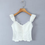 Purpdrank  White Spliced Mesh Lace Sexy Corset Women Summer Tank Tops Wood ears V neck Front Buttons Slim Through Buttons Crop Top