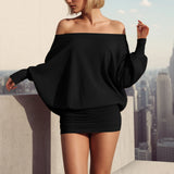 Purpdrank  Fashion Off Shoulder Sheer Mini Dress For Women Hot Sexy Long Sleeve Pleated Party Dresses Bodycon Solid Color Short Dress
