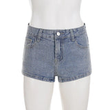 Purpdrank  Rhinestone Embellished High-Waist Denim Shorts Vintage Light Blue Slim Stretchy Hot Pants for Women Y2K Street Clubwear