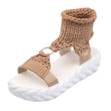 Purpdrank  Sandals Women Braided Geometric Wedge Knitted Elastic Summer Shoes Mesh Flat Sandals Hollow Out Female Sandals Mujer