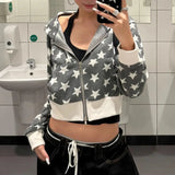Purpdrank  Star Print Hoodie For Women's Y2k Vintage Fashion Autumn Sporty Style Casual Versatile Jacket Double Pocket Dark Gray Short Top