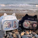 Purpdrank  Cat Backpacks PU Shoulder Bag Girls Transparent Pocket Lolita Jk Harajuku Crossbody Bag College Style Backpack PU Crossbody Bag