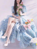Purpdrank  Vintage Floral Long Fairy Dress Women Summer Ruffles Elegant Beach Party Dresses Female Causal Korean Sweet Princess Dress