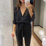 Purpdrank  Jumpsuit Women Sexy V Neck Sequins Long Sleeve Casual Belt Overalls Female High Waist Playsuit Elegant Ladies Party Club Romper
