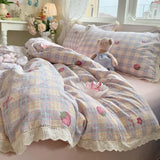 Purpdrank  Korean Style Girly Heart Floral Double Layer Gauze Four-Piece Set Princess Style Lace Trim Quilt Cover Bed Sheet Dormitory
