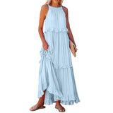 Purpdrank  Ladies' Bohemian Style High Street Summer Large Hem Stacked Long Dress Fashionable Daily Date Sexy Beach Style Pure Color Skirt