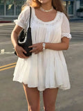 Purpdrank  Casual Loose White Mini Dress Women Summer Short Sleeve O-neck Lace Short Dresses Elegant
