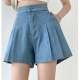 Purpdrank  Chic High Waist Denim Shorts Women Korean Casual Elastic High Waist Shorts Female Summer A Line Wide Leg Pleated Shorts Y2k