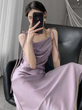 Purpdrank  Elegant Sling Satin Dresses For Women Summer Sleeveless Folds Purple Long Dress Vestidos