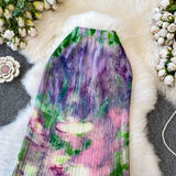 Purpdrank  Korean Spring/Summer High Waist Print Pleated Slim Long Skirts
