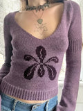 Purpdrank  Autumn Korean Casual All Match V Neck Long Sleeve Slim Flower Jacquard Knitted Pullover