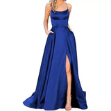Purpdrank  women's Satin Prom Dresses Spaghetti Straps Backless Long Dress with High Slit Mermaid Formal Party Gown with Pocket Vestido