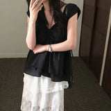 Purpdrank  Summer Korean Cute Strapless Women's Bow Blouses 2025 New Sleeveless V-neck Ruffles Sexy Short Shirts Tank Top Female
