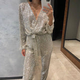 Purpdrank  Jumpsuit Women Sexy V Neck Sequins Long Sleeve Casual Belt Overalls Female High Waist Playsuit Elegant Ladies Party Club Romper