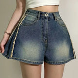 Purpdrank  Vintage High Waist Women's Denim Shorts Tassel 2025 New Single Button Casual Loose Wide Leg Short Jeans Pants Female