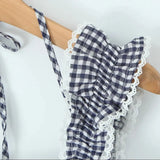 Purpdrank  Tie Bow Halter Plaid Spliced Lace Wood ears Strap Sexy Corset Women Tank Top Slim Waist Elastic Back Crop Top