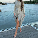 Purpdrank  Women Fashion Draped Split Solid Color Party Dress Elegant Patchwork Slim Midi Dress Casual O-neck Hight Waist Irregular Gowns