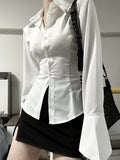 Women Sexy Bodycon Chiffon Shirt Turn-down Collar Flare Sleeve Tunic Tops Bandage Design Vintage Female Blouses Spring 2024