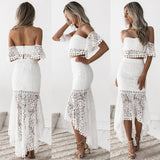 Purpdrank  Summer Sexy Lace Hollow Out Dress Suits Women Backless Crop Top Ruffles Long Pencil Skirts Two Piece Matching Sets Outfits