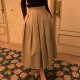 Purpdrank  Vintage Women's Pleated Skirts 2025 New Spring Summer Korea Style High Waist Solid Straight A-line Midi Skirts Female