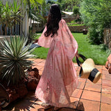 Purpdrank  French Style Floral Waist-Cinching Lantern Sleeve Vacation Beach Dress