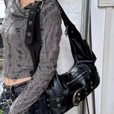 Purpdrank  Belt buckle Women PU Rivet Multiple Pockets Shoulder Bag for Women Y2k Gothic Aged Leather New Designer Luxury Fashion Tote Bag