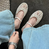 Purpdrank   New Fashion Style Low Heels Bottom Sandals Breathable Woven Toe Cover Holiday Vacation Retro Roman Shoes Women Ankle Strap