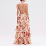 Purpdrank  Chic Butterfly Print Ruffle Pleated Dresses Women Sexy V Neck Backless Tie-up Long Dress Summer Sleeveless Hollow Out Boho Dress