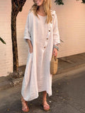 Purpdrank  Summer Fashion New Women's Elegant Loose Cotton Hemp Dress Round Neck Solid Color Half Sleeve Long Dress