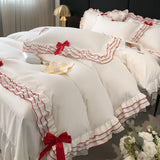 Purpdrank  Korean Style Lace Ruffles Princess Bedding Set, Duvet Cover, Bed Skirt, Fitted Sheet, Flat Sheet, Pillowcases, Black Bow, White