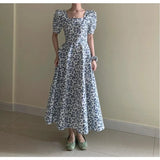 Purpdrank  French Print Dress Women's Summer Waist Square Neck Dress