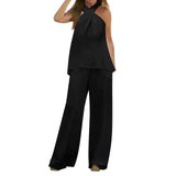 Purpdrank  Simple Cotton Linen Women's Suits Summer Fashion Sleeveless Halter Loose Blouse Wide Leg Pant Two Piece Set Womens Matching Sets