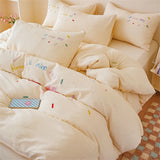 Purpdrank  Pink Bedding Sets Solid Color Washed Cotton Home Girls Bedroom Decor Duvet Cover Pillowcase Bedspread Embroidery Four Piece Set