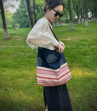 Purpdrank  Splicing Denim Versatile Large Capacity Tote Bag Plate Flower Three-dimensional Embroidery Large Bags