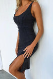Purpdrank  Worn-look Denim Off-Shoulder Short-Sleeve U-Neck Dress Casual Style One-Piece Skirt Cotton Polyester Blend Mid-Waist Midi Dress