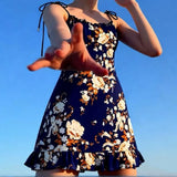 Purpdrank  Summer Holiday Navy Blue Floral Print Bow Lacing Up Strap Sling Dress Women Elastic Back Ruffles Hem Short Dresses Vestidos Robe